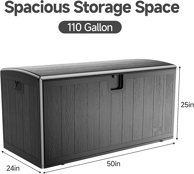 JEKO&JEKO 110 Gallon Outdoor Storage Box, Large Plastic Deck Box with Lockable Lid for Patio Furniture, Garden Tools, Outdoor Cushions and Shoes, Black