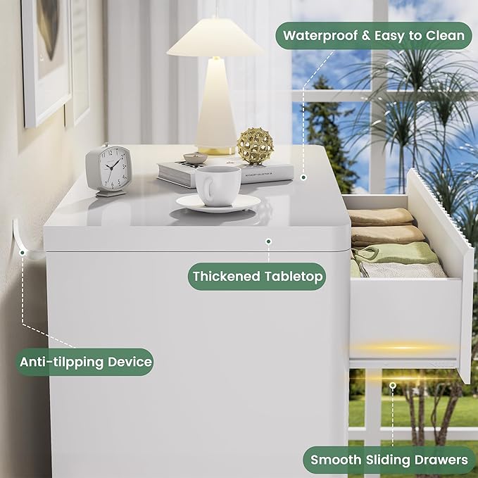 White Nightstand Set of 2, 3 Drawers Night Stand Set, Mid Century Modern Bed Side Table, Large Fluted End Table for Bedroom Living Room Sofa Couch Home Office, Bedside Table with Storage, 24.8” Wide