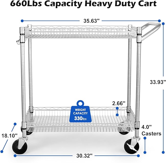WDT 2 Tier Heavy Duty Utility Cart,NSF Rolling Carts with Wheels,660Lbs Capacity Storage Cart with Handle,Kitchen Carts on Wheels,Commercial Grade Metal Serving Cart with Shelves,35.63"x18.1"x 33.93"
