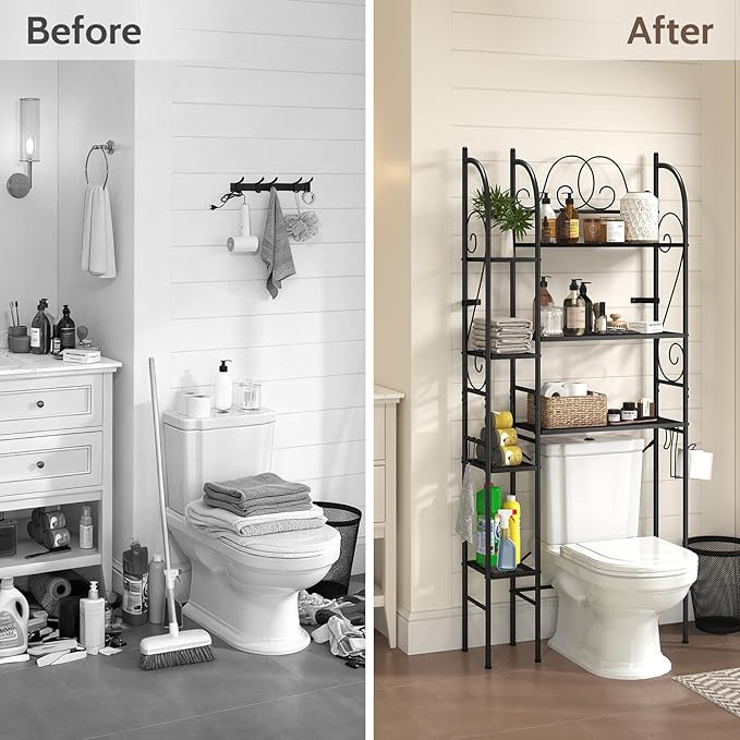 7-Tier Over the Toilet Storage Rack, Heavy-Duty Metal Bathroom Organizer with Adjustable Shelf, Toilet Paper Holder & Side Hooks, Space Saver for Small Bathrooms, Laundry Room & Apartments, Black