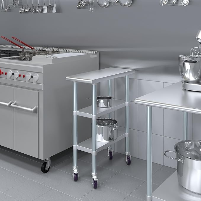 AmGood Stainless Steel Work Table with 2 Shelves and Casters | Metal Utility Table On Wheels (Stainless Steel Work Table with 2 Shelves + Casters, 12" Long x 30" Deep)