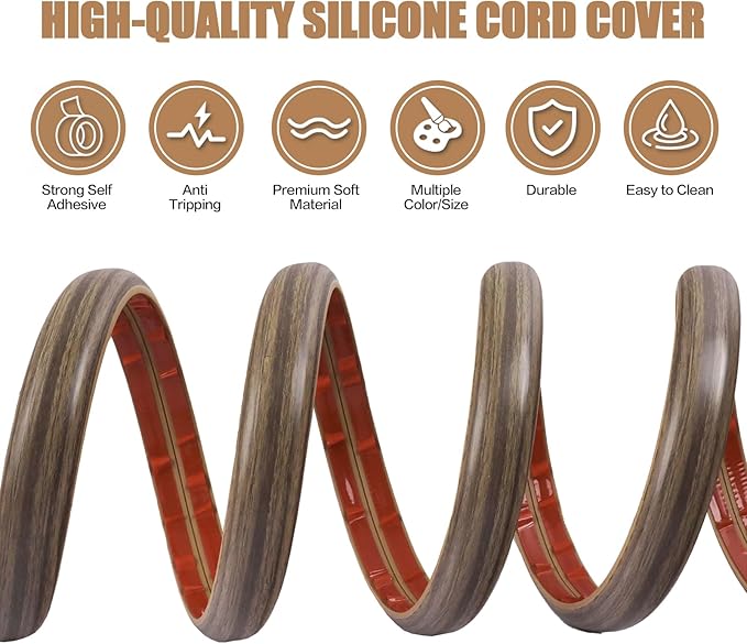Floor Cord Cover Self Adhesive Cord Hider,20FT Cable Management, Extension Strip Protector for Wires, Prevent Cable Trips for Offices, Gyms, Exhibitions Cavity:0.39"(W) x 0.27"(H) Wood Walnut