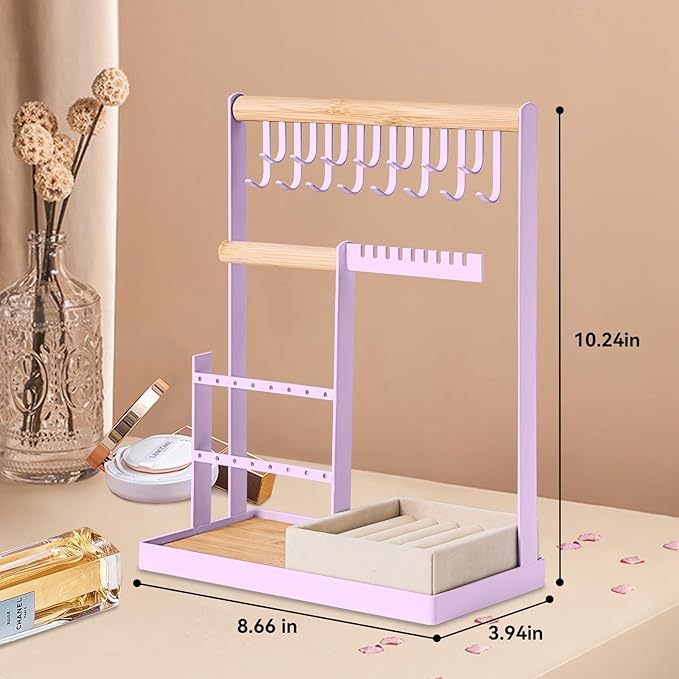 DreamGenius Jewelry Organizer Stand with Velvet Ring Holder, 4 Tier Jewelry Holder Organizer with 15 Hooks for Necklaces and 16 Holes for Earrings, Purple