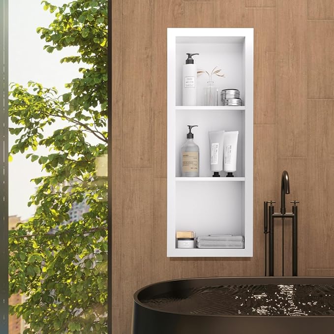 12" x 36" Stainless Steel Shower Niche, 3-Tier Waterproof Shelves, No-Tile Needed Bathroom Organizer, Rustproof Wall Shelf for Shampoo, Soap & Toiletries, White