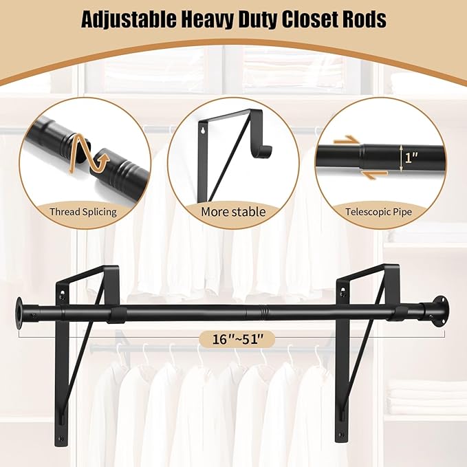 Closet Rod, 16 to 51 Inch Closet Rods Heavy Duty Adjustable Wardrobe Poles for Hanging Clothes and Heavy Duty Bracket Closet Pole Support (The Shelf NOT Included)(Black)