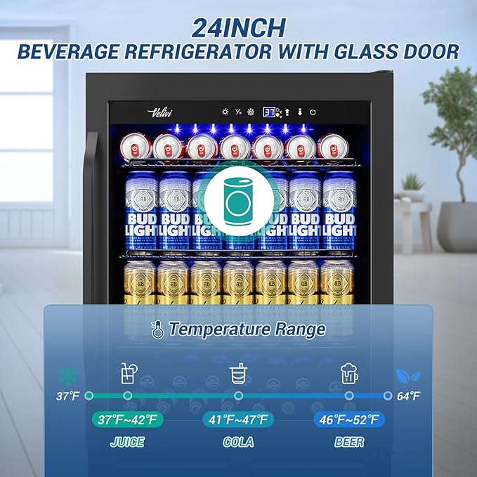 24 Inch Beverage Refrigerator Under Counter, 24" Space Built-In Beer and Drink Fridge with Glass Door for Soda, Water, and Milk - For Kitchen, Bar or Office