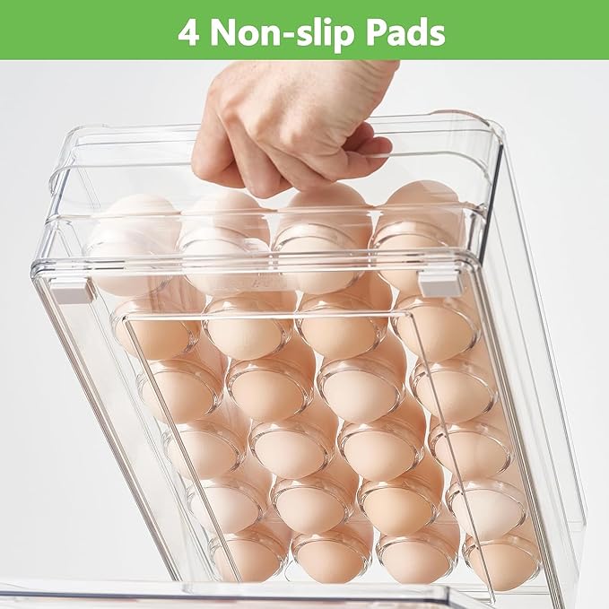 vacane 24 Capacity Egg Holder for Refrigerator Organizer Bins, Clear Egg Storage Container for Fridge Egg Drawer Egg Tray with Non-Slip Pads, Bpa Free Egg Organizer-2 Pack