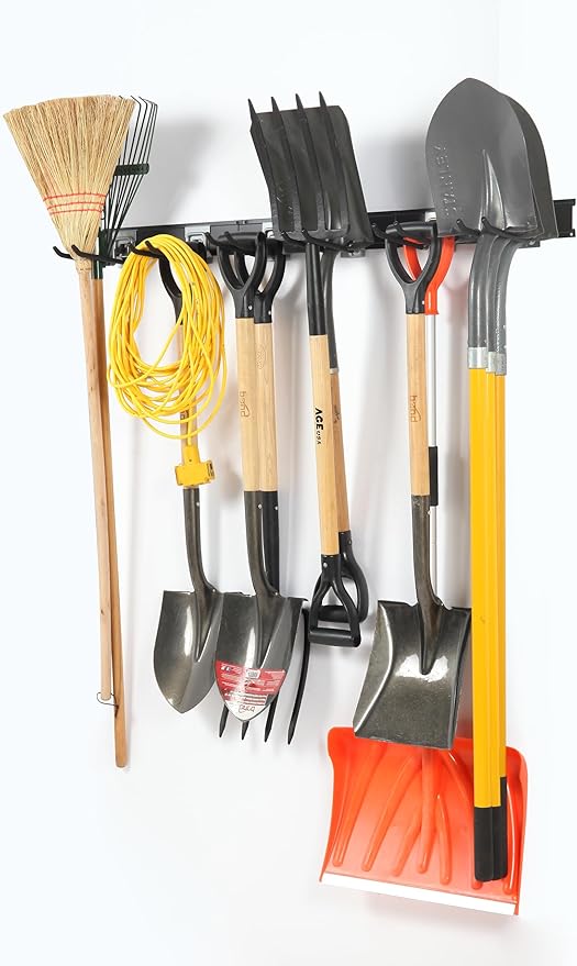 Garage Organization Wall Mount, 32inch Garden Tool Organizer With 6 Clamping Hooks, Heavy Duty, Garage Hanging Storage Rack For Yard Tools, Shovel, Shed, Hold Up to 300lbs (32Inch Black)