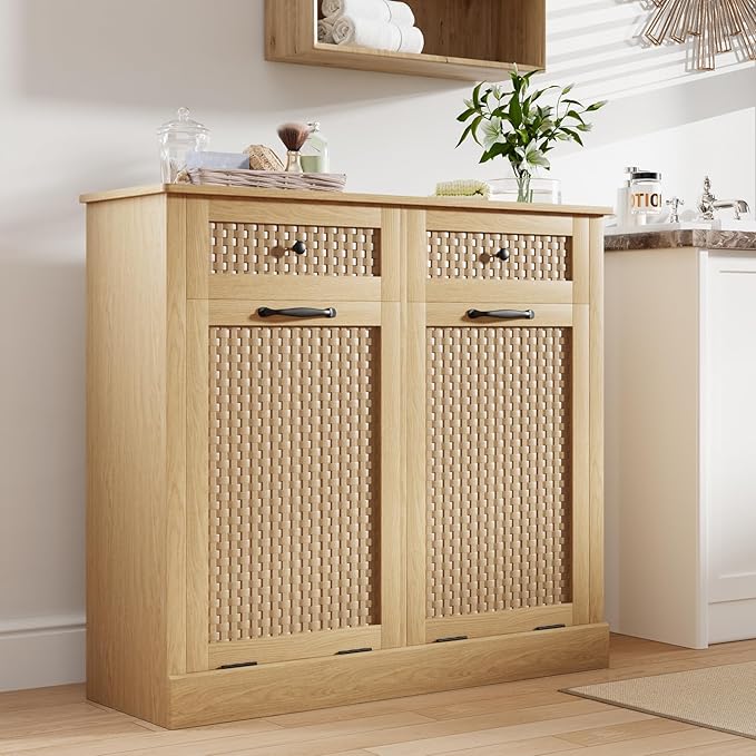 Double Tilt Out Laundry Hamper Cabinet,10 Gallon Laundry Cabinet with Drawers ＆ 2 Hidden Baskets, Farmhouse Storage Basket for Laundry Room, Bathroom, Kitchen, Wood