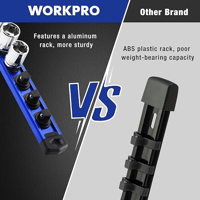 WORKPRO Magnetic Socket Organizer, 1/2-Inch Drive Aluminum Alloy Socket Rail, Heavy Duty Socket Holder, Socket Rack Kit 1/2-Inch x 10 Clips (Blue)