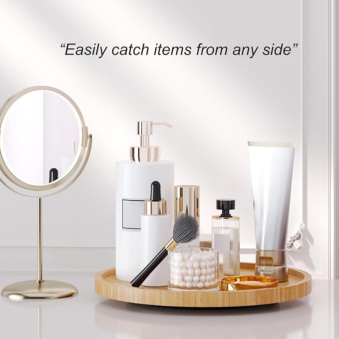 Lazy Susan Organizer for Kitchen,Bamboo Turntable for Cabinet,Pantry,Vanity,Middle（Natural）