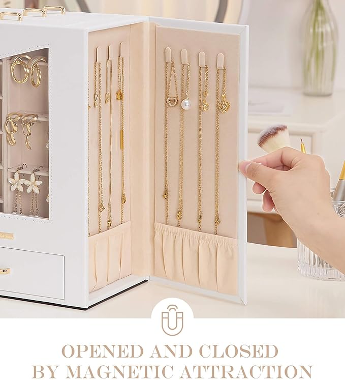 Homde Jewelry Organizer with Transparent Window Necklace Hooks Gift for Women Jewelry Box Display Case for Necklaces Rings Earrings Bracelets and Other Jewelry Accessories (White + Gold)