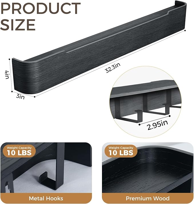 Wall Coat Rack Floating Shelves Modern Coat Rack Wall Mount with Storage Entryway Shelf Wooden Hanger 20 Inch 4 Hidden Metal Hooks for Living Room Bedroom (Black, 8 Hooks)