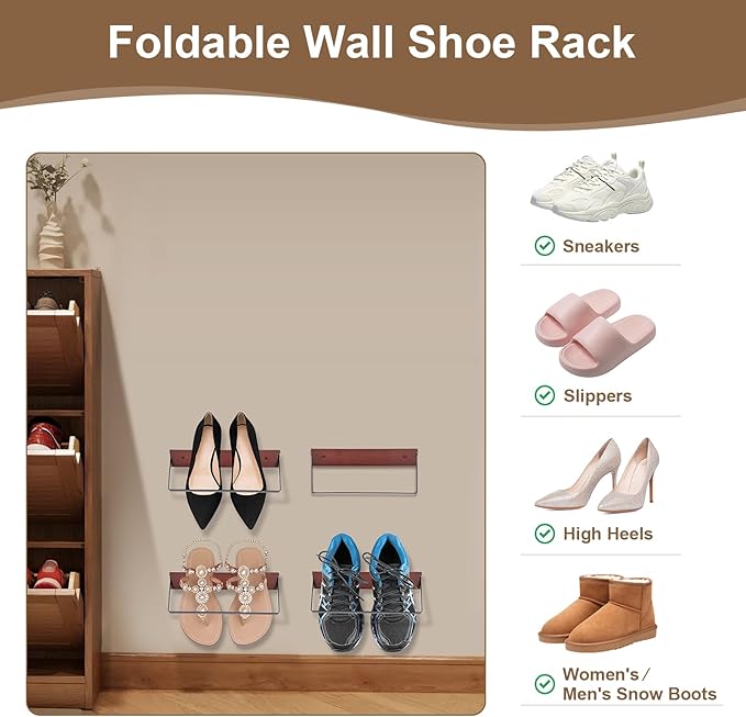 2-Pack Wall Mounted Shoe Rack, Wooden & Metal Foldable Shoe Rack - Space Saving Wall Shoe Holder for Entryway, RV, Camper, Closet, Apartment, Fits Various Shoes-Brown