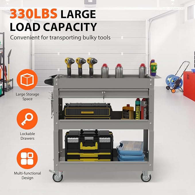 3 Tier Rolling Tool Cart with Drawers, Heavy Duty Utility Cart on Wheels, Large Storage Capability Service Cart for Garage, Warehouse and Repair Shop (Grey)