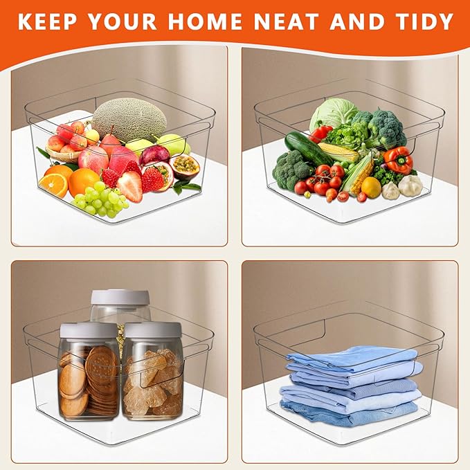 MOONEDGE 6-Pack Clear Plastic Storage Bins — Open-Top PET Storage Containers & Organizers, 10" x 10" x 6" Clear Boxes for Closet, Pantry, Office, Craft, Toy and Refrigerator Organization