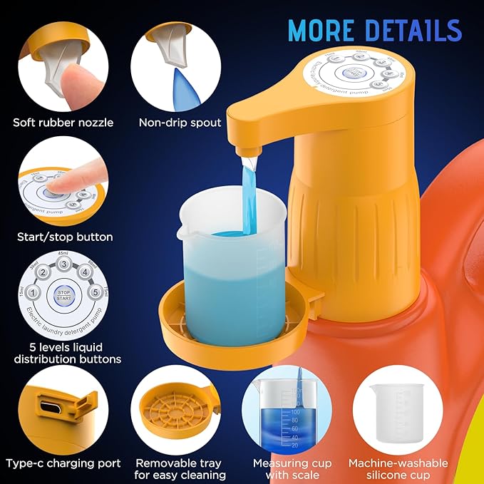 Detergent Dispenser, Auto Laundry Detergent Dispenser with Silicone Washable Laundry Measuring Cup Graduated Cup, No Waste, USB Rechargeable, Ideal for Laundry Room Organization (Yellow)