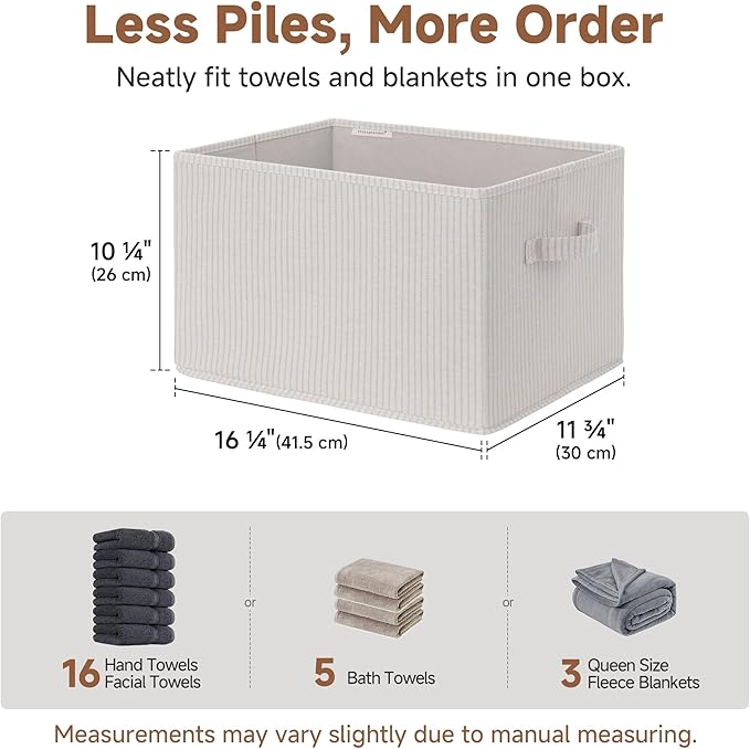 StorageWorks Storage Baskets for Shelves, Foldable Fabric Closet Storage Bins with Handles, Fabric Storage Bins Clothes Organizer, Beige Stripes, 3-Pack, Extra Large