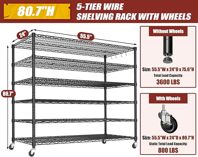 PrimeZone 6 Tier 80.7" H x 55.5" W x 24" D Wire Shelving with Wheels 3600lbs NSF Certified Storage Shelves Heavy Duty Metal Shelf Adjustable Rolling Rack Commercial Garage Restaurant Warehouse 2pcs