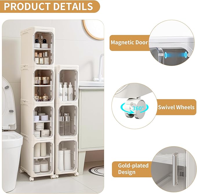 4-Tier Slim Tall Narrow Bathroom Storage Cabinet, Cream White