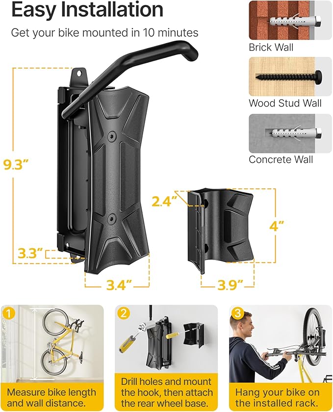 monTEK Heavy duty Bike Wall Mount, Swivel Bike Wall Hanger Holds Up to 77lbs, Space-Saving Bike Rack Garage, Bike Storage for Bedroom Home Office, 1 Pack