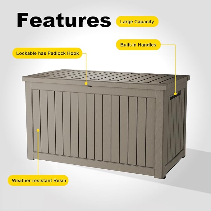 280 Gallon Outdoor Deck Box,Storage Lockable Waterproof Patio Furniture,Garden Tools,Cushions,Pool Accessories Outside Storage Resin Box(Grey)