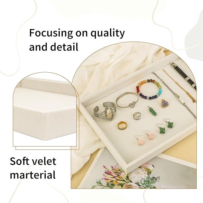 Mornajina 13.8" x 9.5" Velvet Jewelry Tray Jewelry Display Tray, Stackable Empty Plate Trays for Earrings Necklaces Bracelet Rings Display Showcase - Light Khaki