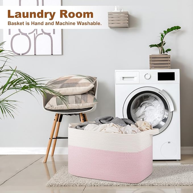 XXXL Large Blanket Basket, 108L Cotton Rope Storage Basket for Living Room, Supre Large Toy Baskets for Kids, Woven Basket for Clothes, Towels, Pillows, 25" x 16" x 16", Pink and White