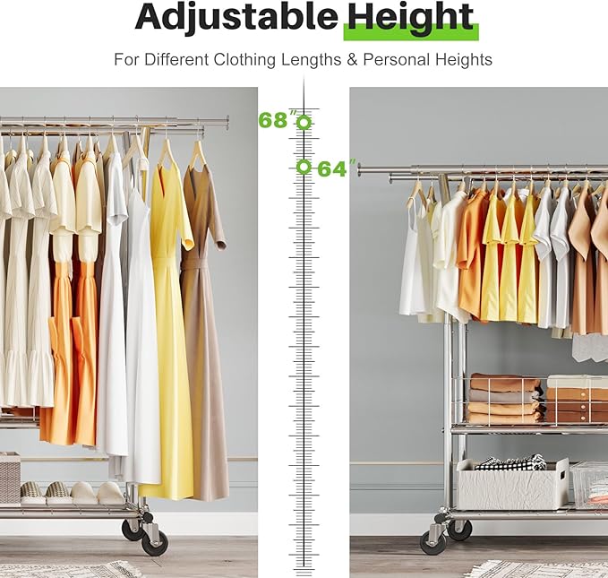 HOKEEPER Heavy Duty Clothes Rack Load 625 LBS, Clothing Rack for Hanging Clothes Adjustable Rolling Garment Rack with Wheels for Bedroom, Living Room (Double Rod with Metal Basket)