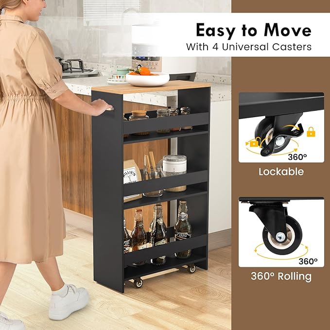 LOKO 4-Tier Rolling Storage Cart, 8 Inches Slim Kitchen Cart on Wheels with Open Shelves & Handle, Laundry Room Cart Between Washer and Dryer, for Bathroom Next to Fridge (Black & Natural)