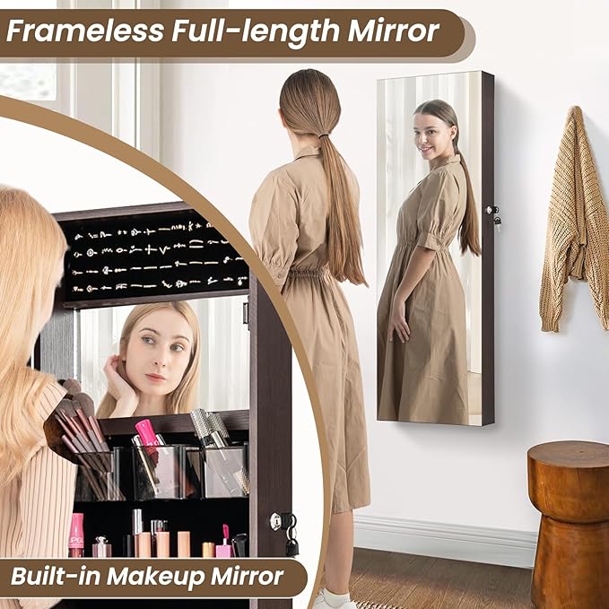 CHARMAID Jewelry Cabinet Wall or Door Mounted, Hanging Lockable Jewelry Armoire Storage With Full Length Mirror, Interior Makeup Mirror, Over the Door Organizer Box (Dark Brown)