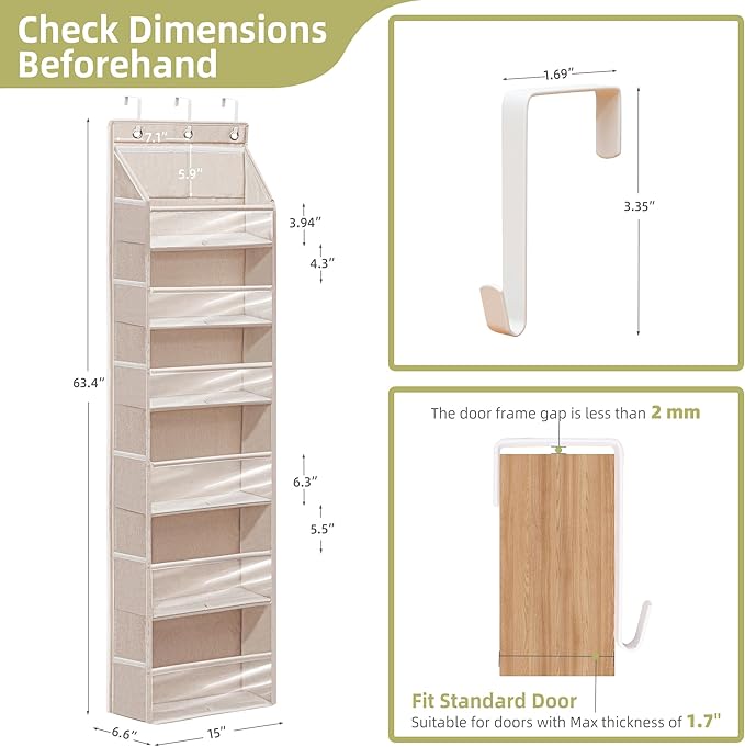 Over Door Organizer with 6 Extra Large Pockets 12 Side Pockets, Sturdy Closet Storage Rack, Hanging Storage Organizer with Clear Window for Shoes, Diapers, Toys, Bedroom, Bathroom, Beige