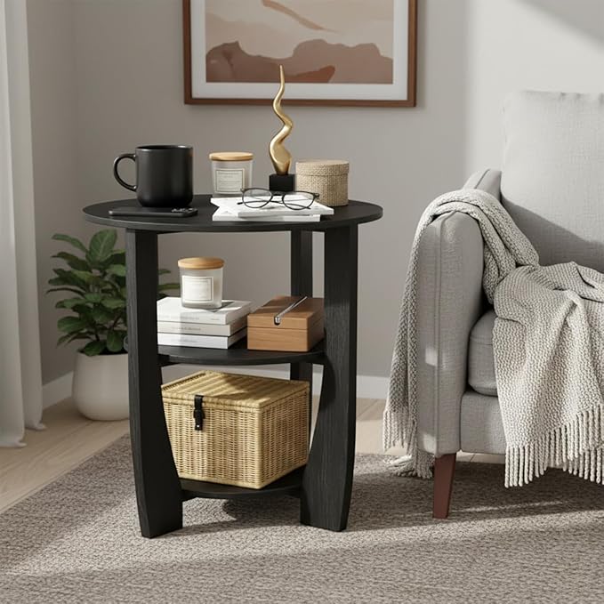 Round End Table with Storage Shelf,3 Tier Modern Side Table, Sofa Recliner Side Table,Accent Coffee Table,Nightstand for Living Room Bedroom for Small Spaces,19.7" D x 21.7" H