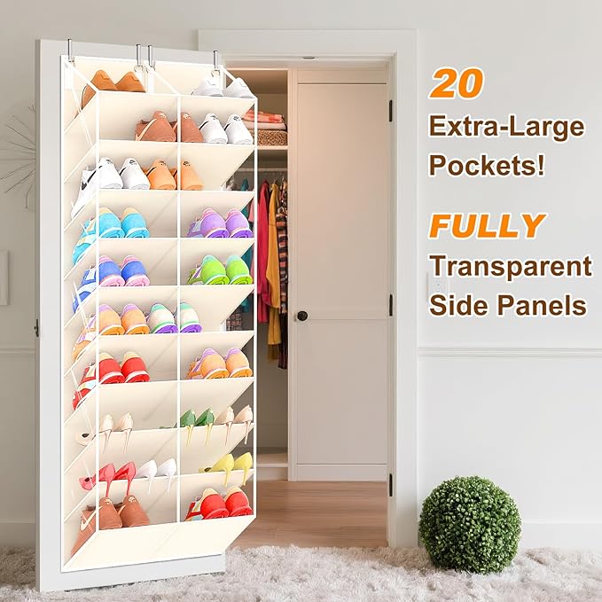 30 Pairs Over the Door Shoe Organizer, Clear Pockets Hanging Shoe Storage for Closet, 10-Tier Door Shoes Rack Storage, Handing Shoes Holder Fit All the Family's Sneakers, Boots, Heels, Beige