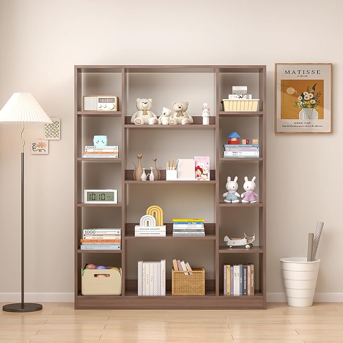 Cube Storage Bookcase with Base - Large Wooden Bookshelf with 10 Open Cubes and 4 Shelves for Home and Office, Freestanding Organizer, Walnut