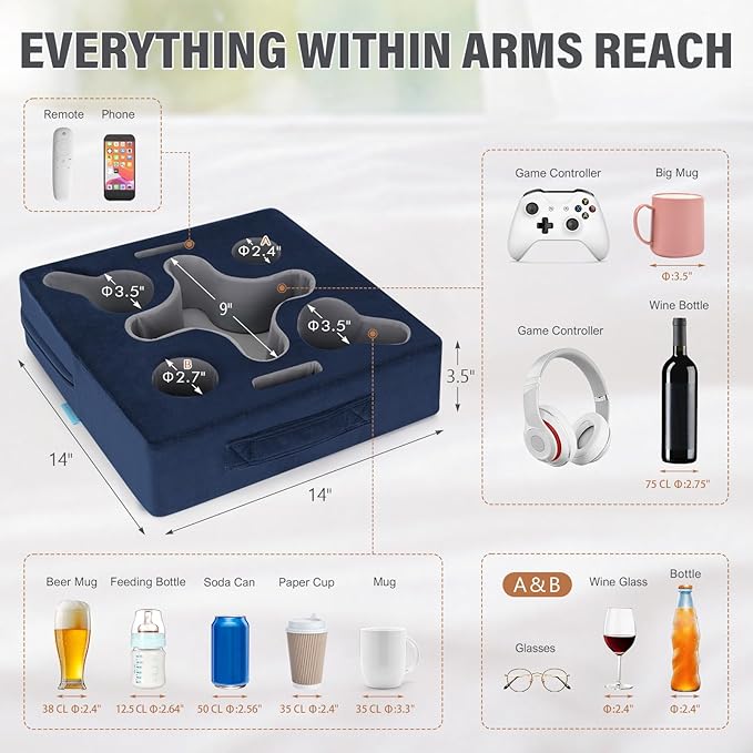 Couch Cup Holder-Sofa Cup Holder Pillow Tray Caddy Cupholder for Bed, Rv, Tv, Car, Man Cave, Backseat for Remote, Drinks, Snacks (Square-NavyBlue)