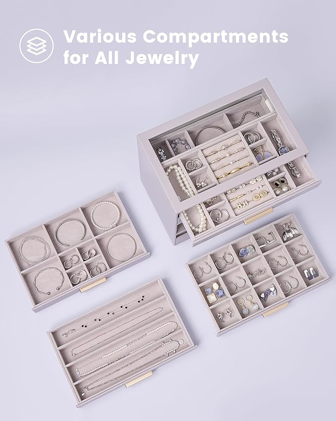 Lolalet Jewelry Box Organizer, 6-Layer Jewelry Organizers and Storage Case with Glass Lid, Ring Earring Bracelet Necklace Holder Organizer, Birthday Christmas Gifts for Women Girls -6Layer, HazePurple