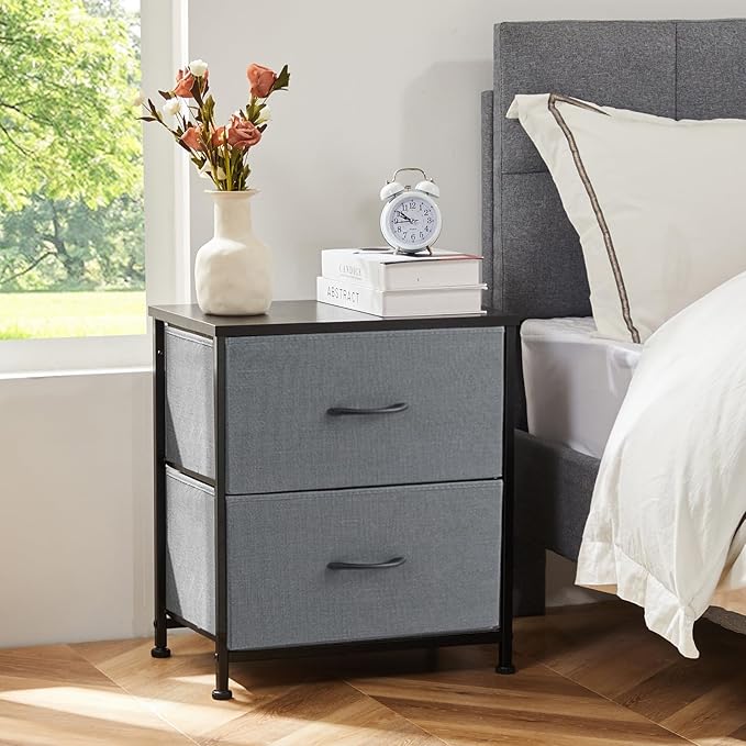 DUMOS Nightstand End Table with Dual Fabric Drawers Compact Bedside Storage for Bedroom Kids Room Closet Entryway College Dorm 20 Inch Tall Dresser,Grey