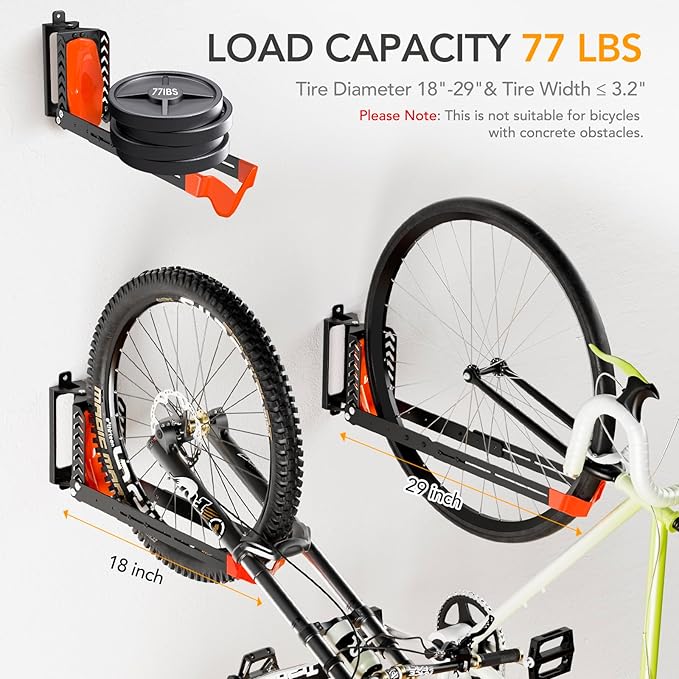 3-Pack Swivel Bike Rack Wall Mount, Bike Hangers for Garage, Space-Saving Vertical Bike Holder, Holds up to 77 lbs, Bicycle Wall Hanger Storage, No Heavy Lifting Required Indoor Hanging Bike Rack