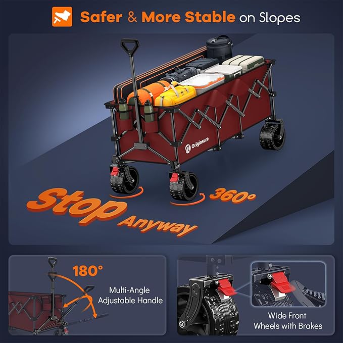 48" L Collapsible Beach Wagon Cart Foldable, 560lbs Weight Capacity 300L Heavy Duty Folding Wagons with Big All-Terrain Wheels, Utility Carts for Groceries, Shopping, Camping, Sports - Red