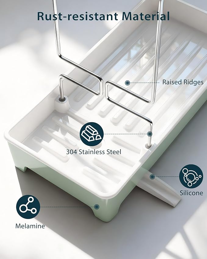 Ceramic-Look Sink Caddy, Rustproof Sponge Holder for Kitchen Sink with 304 Stainless-Steel Brush Holder, Countertop Rack Organizer with Raised Ridges & Silicone Drain Tube (Mint Green)
