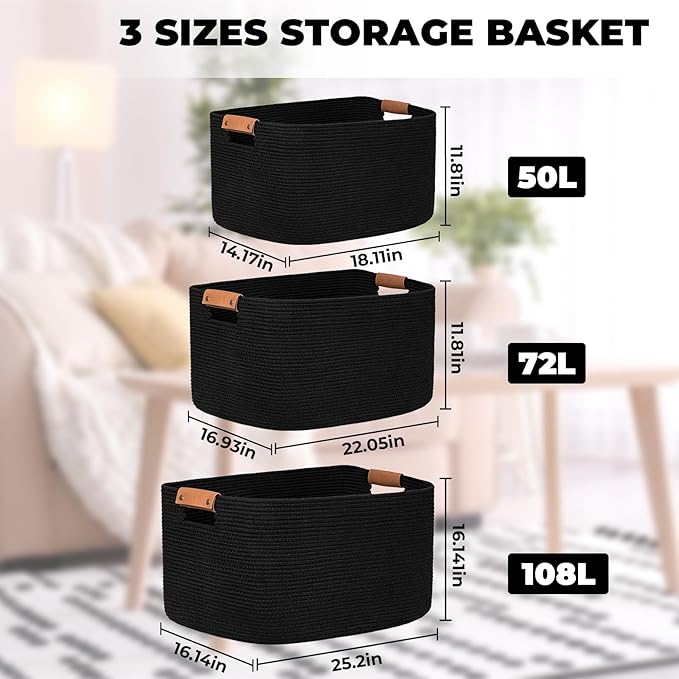 danpinera Large Woven Basket, 108 L Blanket Basket for Living Room, Nursery Bin for Toys Organizing & Laundry, Cotton Rope Hamper with Leather Handle, 25’’*16’’*16’’ Black