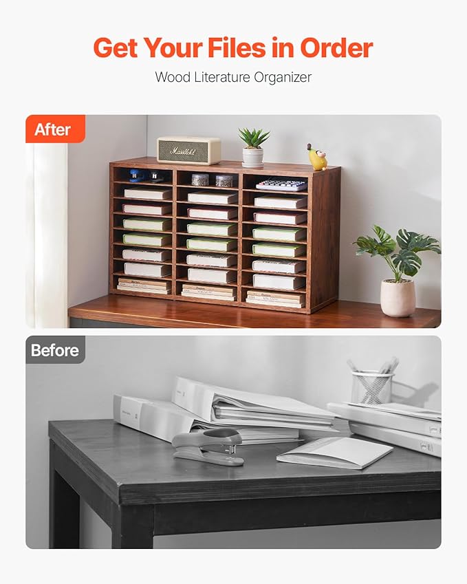 VEVOR Literature Organizer, 24 Compartments Office Mailbox with Removable Shelves, Wooden Mailbox Sorter Particle Board Office Home Classroom Storage, File Sorter for Documents, Papers, Retro Brown