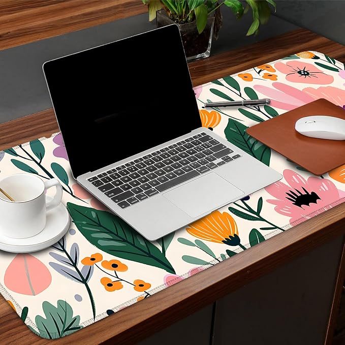 Floral Mouse Pad XXL – Large Extended Desk Mat with Cute Hand-Drawn Flowers,Non-Slip Mousepad for Office, School, Workstation, Gift for Women & Teens, 31.5 x 11.8 in