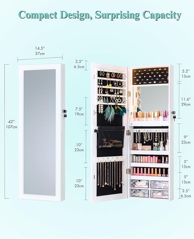 LUXFURNI Full Length Mirror with Storage, 79 LED Lights Mirror Jewelry Cabinet, Wall Mounted or Door-Hanging Jewelry Armoire Organizer with Mirror, Built-in Makeup Mirror, White