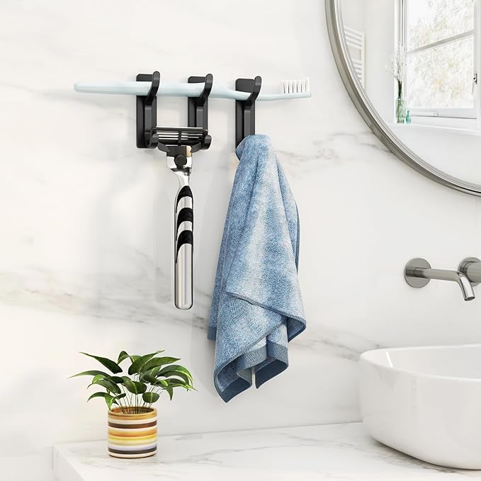 pickpiff 10-Pack Black Adhesive Wall Hooks - 13 LB Strong Stick-On Hooks for Hanging Towels, Coats, Shower & Kitchen Use