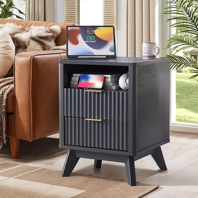 Fluted Nightstand - 24" Modern Bedside Table w/ 2 Drawers, Wood Bed Side End Table with Open Shelf, Night Stand with Storage Drawer, Curved Design Night Stands for Bedroom Living Room (Black)