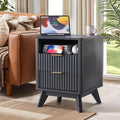 Fluted Nightstand - 24" Modern Bedside Table w/ 2 Drawers, Wood Bed Side End Table with Open Shelf, Night Stand with Storage Drawer, Curved Design Night Stands for Bedroom Living Room (Black)