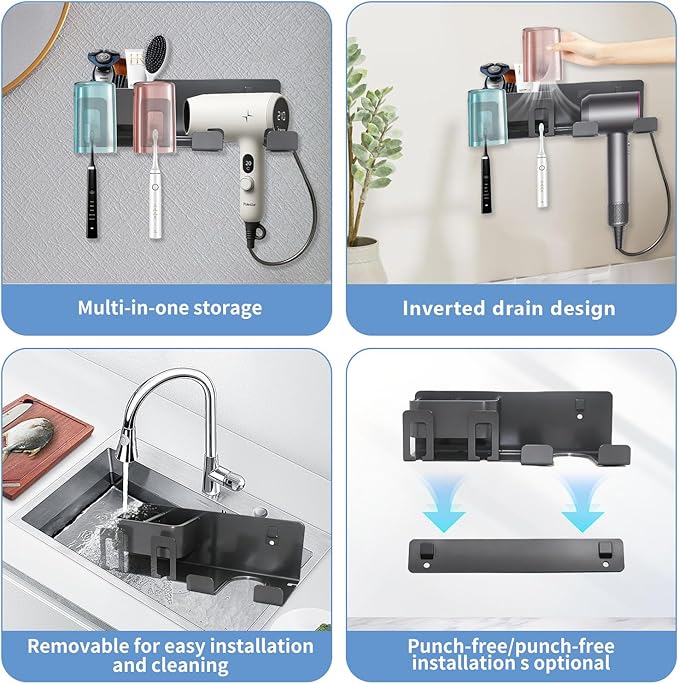 Hair Dryer Holder Wall Mounted Adhesive/Drilling,Hair Dryer Storage Organizer with 2 Toothbrush Holders,2 Toothbrush Cups,2 Storage Boxes for Bathroom,Blow Dryer Holder,Hair Tool Organizer,Dark Gray