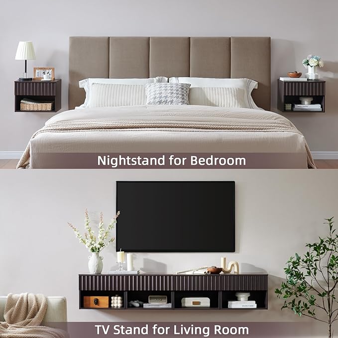 Floating Nightstand with Fluted Drawer - Modern Wall Mounted Bedside Table with Open Storage Shelf, Small Night Stand TV Stand for Bedroom(Espresso)